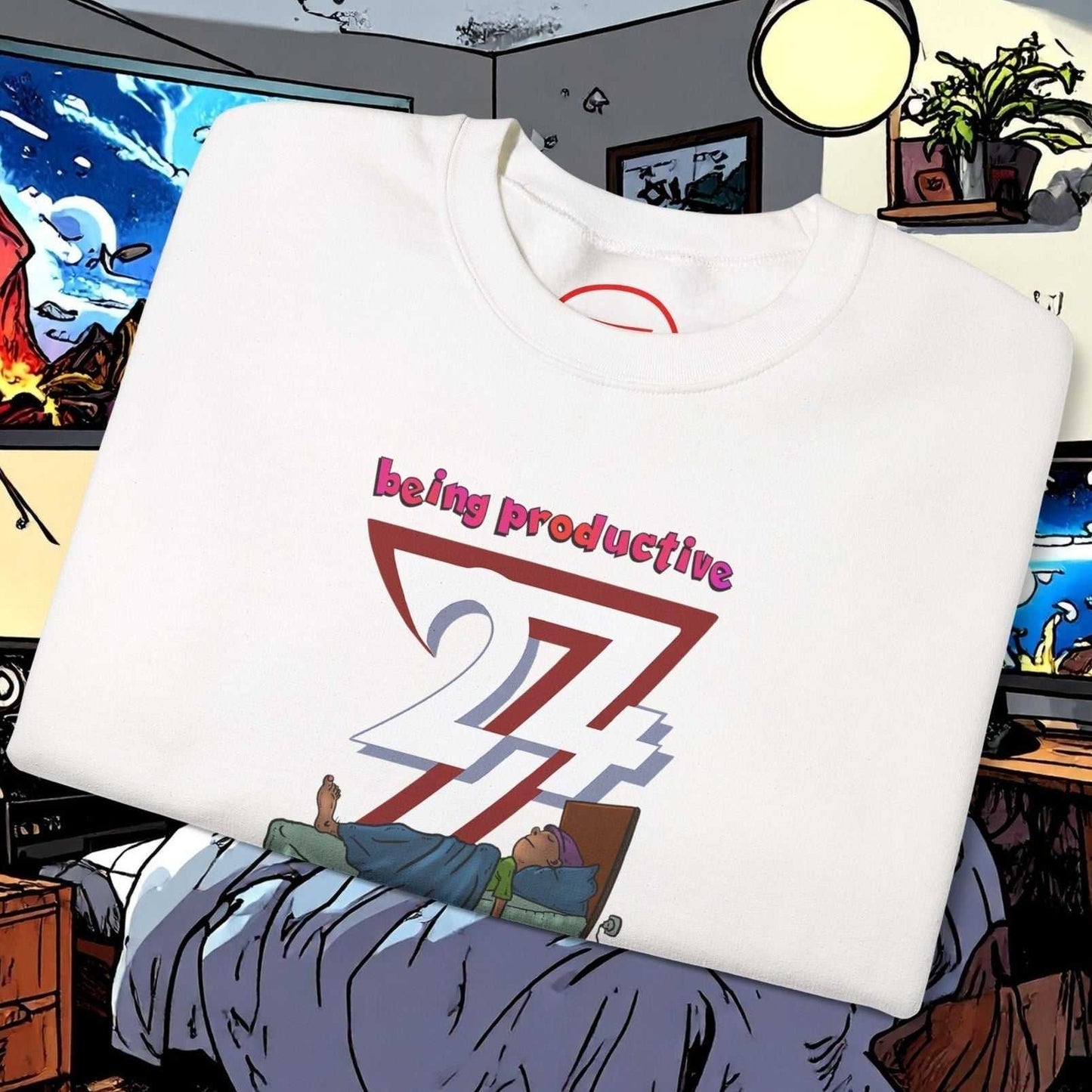 White Lazy Teenager Unisex Sweatshirt with colorful hand-drawn lazy teen illustration and "being productive 27/4" slogan, cozy midweight fabric crewneck design