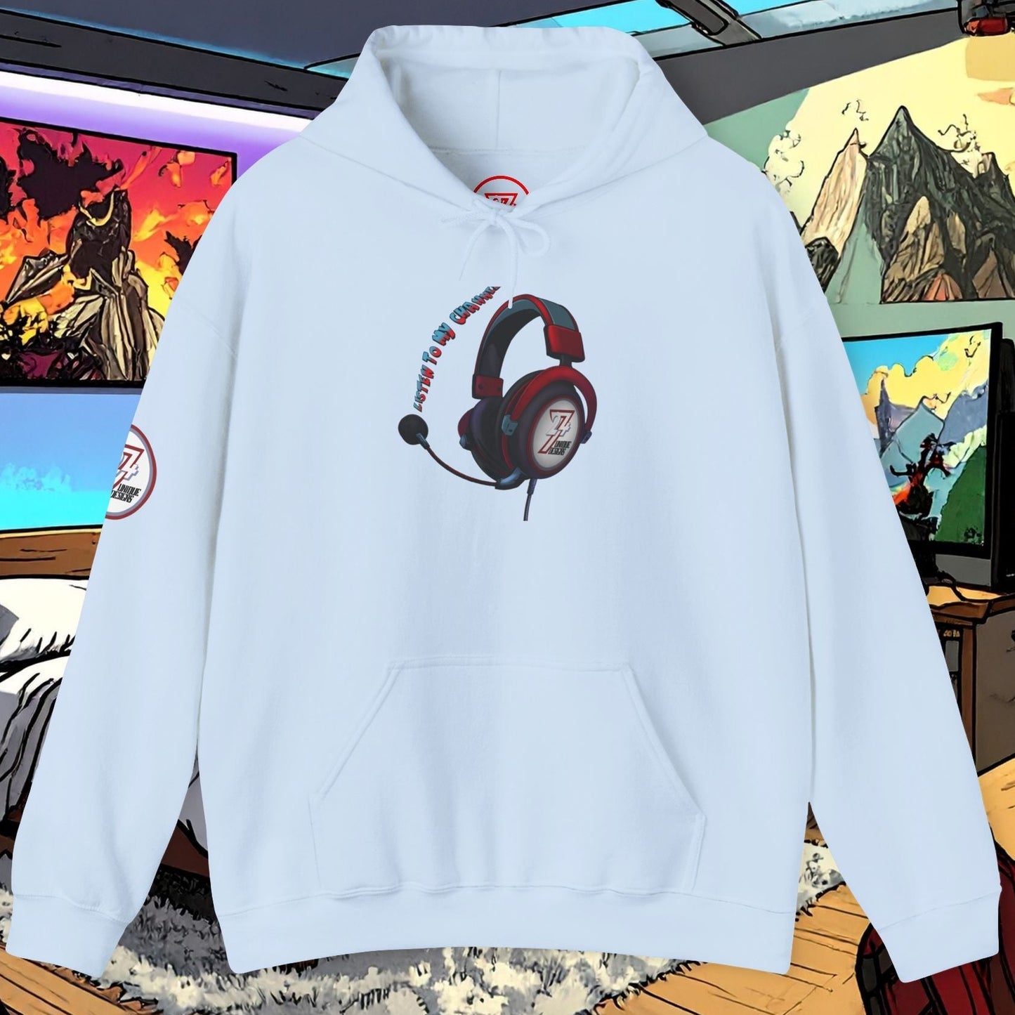 White unisex headset hoodie with headphone design and kangaroo pouch pocket