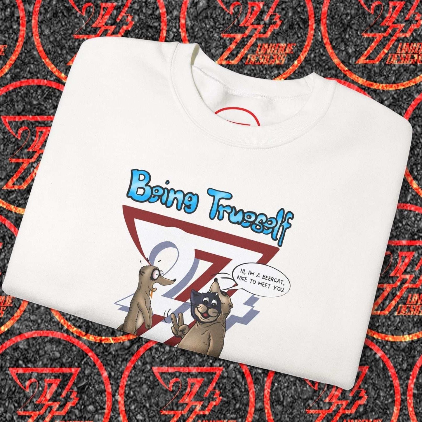 White unisex sweatshirt with cartoon cat and meerkat design and "Be True to Yourself" slogan