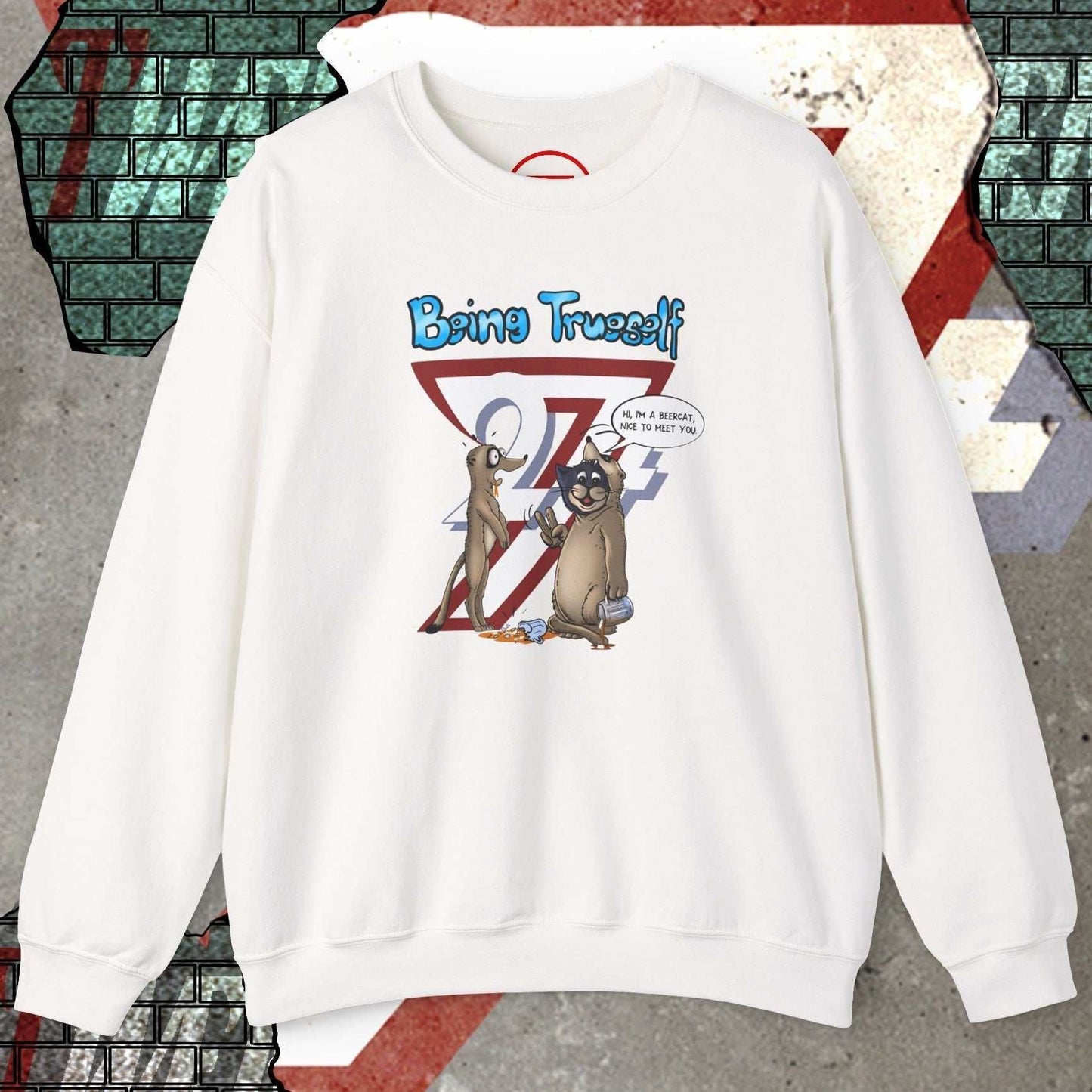 White unisex sweatshirt with funny cat and meerkat cartoon and "Be True to Yourself" slogan design