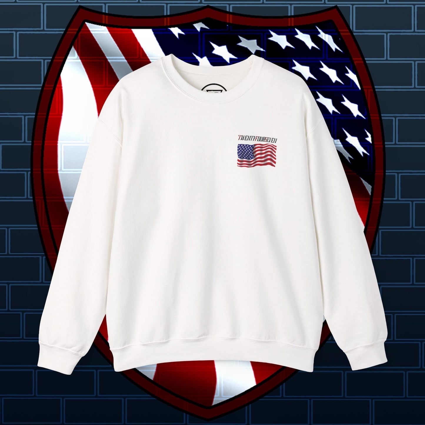 White unisex sweatshirt with small American flag and patriotic logo design