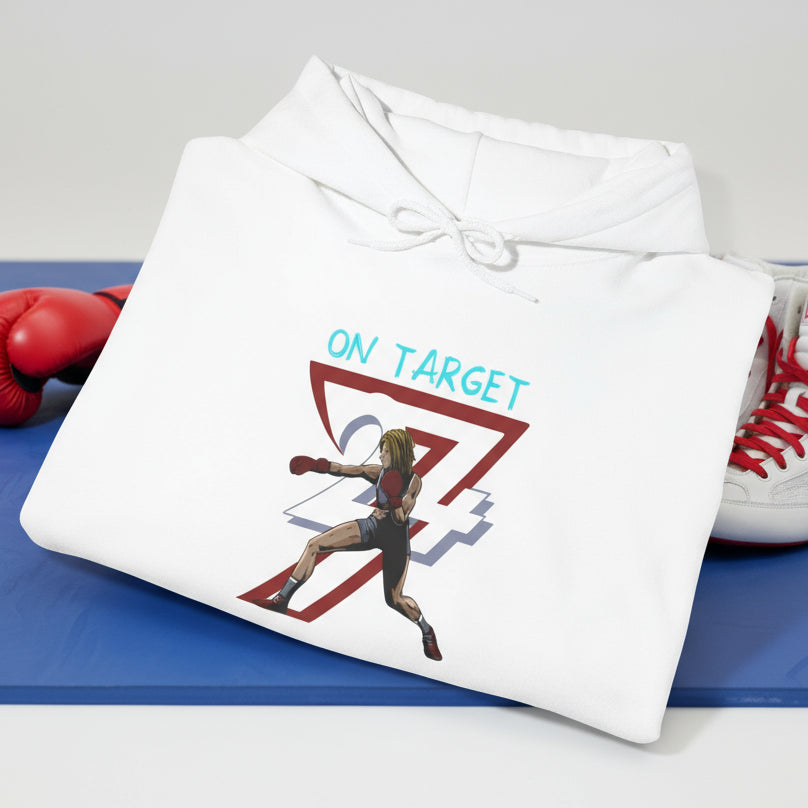 White women's boxing hoodie with feminine boxer illustration and "ON TARGET" text, adjustable hood, and kangaroo pocket.