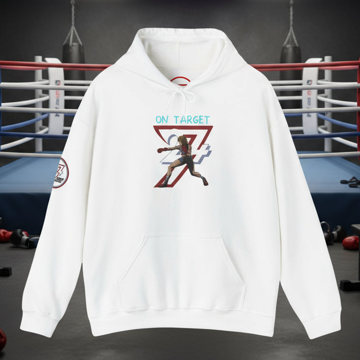 White women's boxing hoodie with feminine boxer illustration, adjustable hood, and kangaroo pocket for outdoor training and streetwear