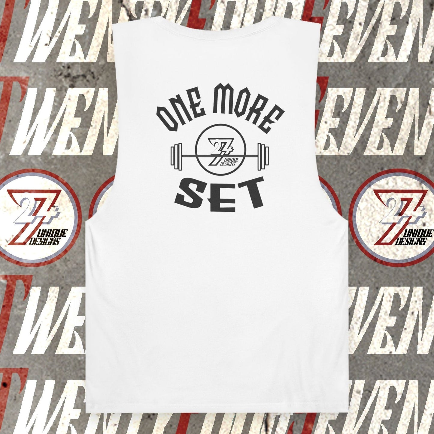 White workout tank top with "One More Set" motivational print and raw sleeve edges for gym training