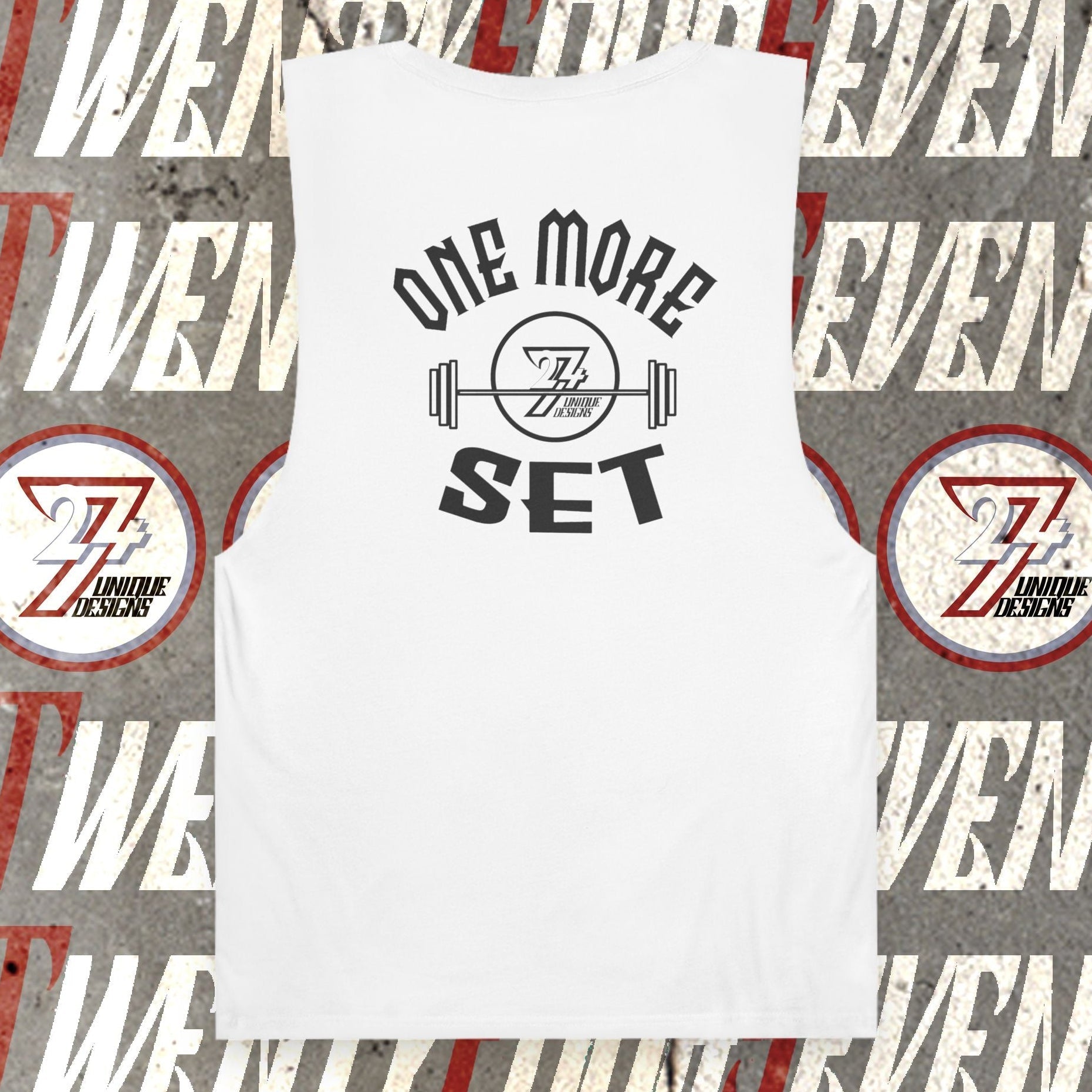 White workout tank top with "One More Set" motivational print and raw sleeve edges for gym training