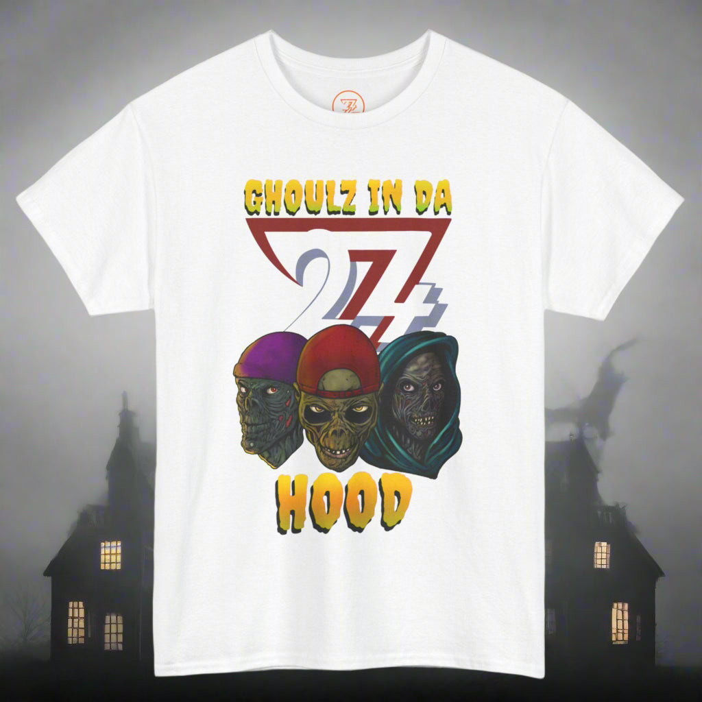 White zombie tee with three ghouls in hoodies and "Ghoulz in da Hood" text Halloween design