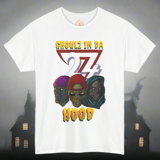 White zombie tee with three ghouls in hoodies and "Ghoulz in da Hood" text Halloween design