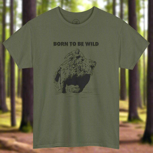 Green vintage style bear on t-shirt and "Born to be wild" text