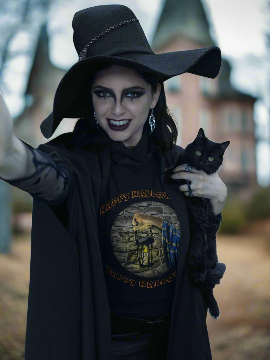 Woman wearing Halloween Wizard tee and witch hat holding a black cat