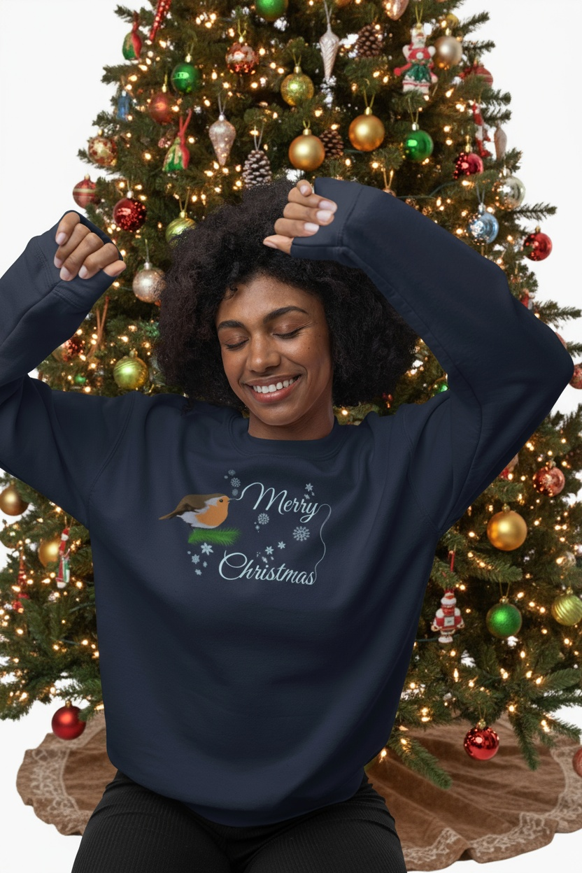 Woman wearing a navy Christmas robin sweatshirt with festive design in front of decorated Christmas tree