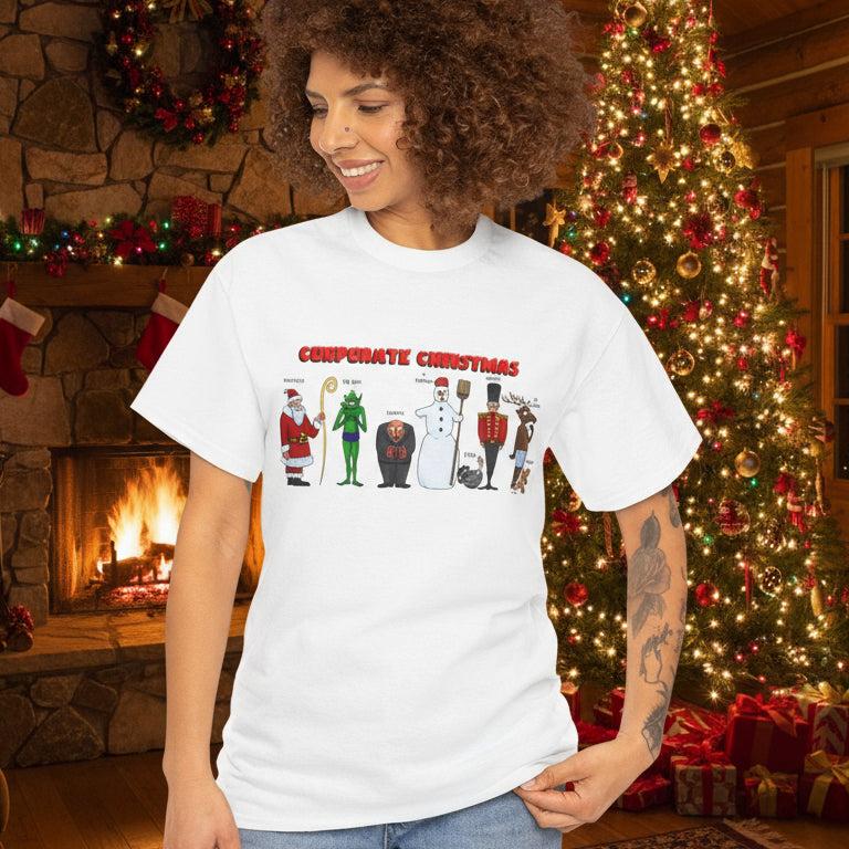 Woman wearing funny Christmas T-shirt with holiday characters and "Corporate Christmas" text design