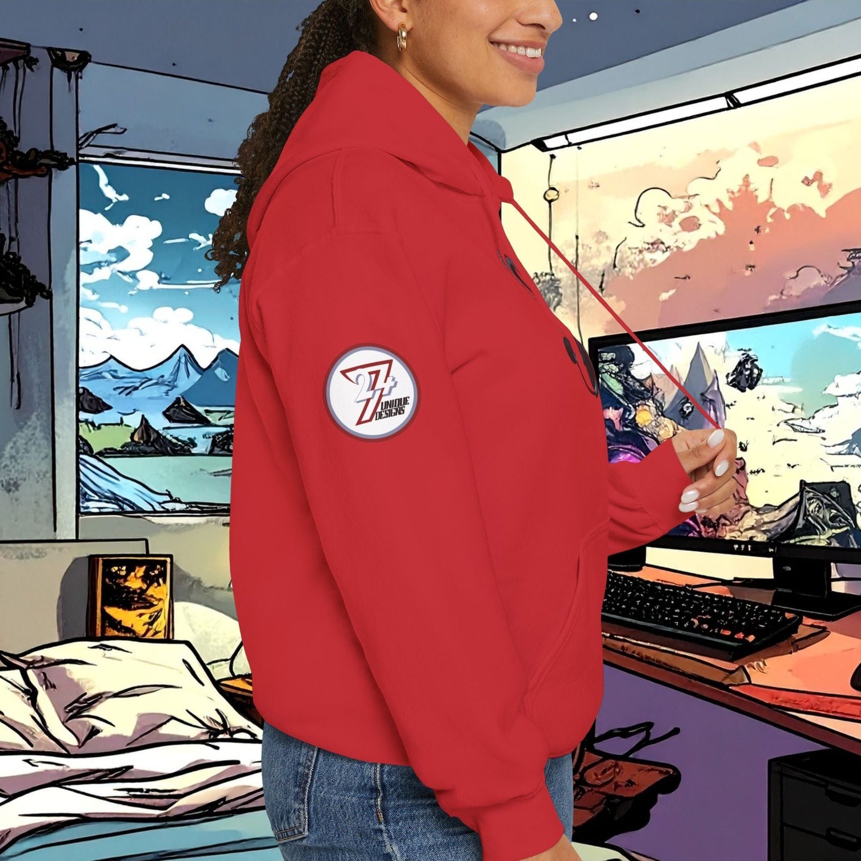 Woman wearing red headset hoodie with patch logo on sleeve in gaming room setup