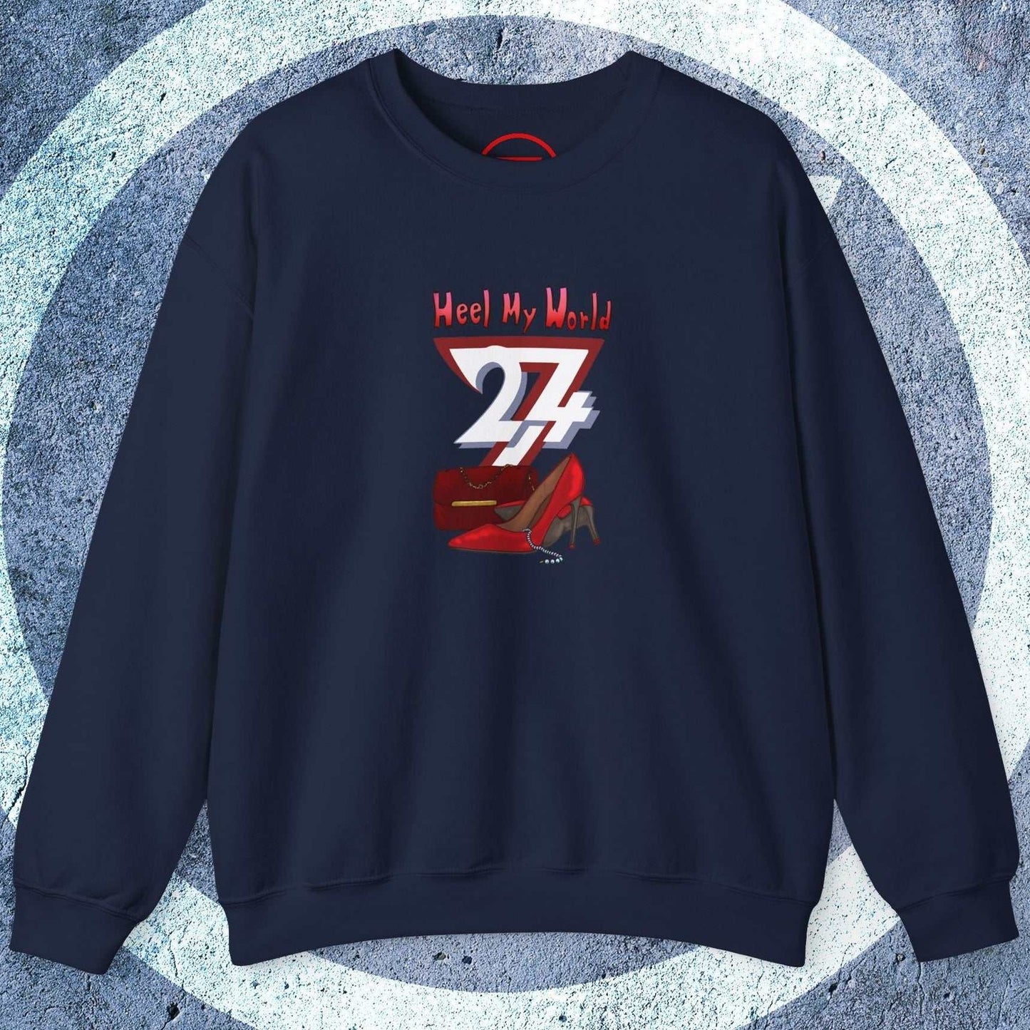 Women's navy graphic sweatshirt with handbag and high-heel design, casual and cozy style