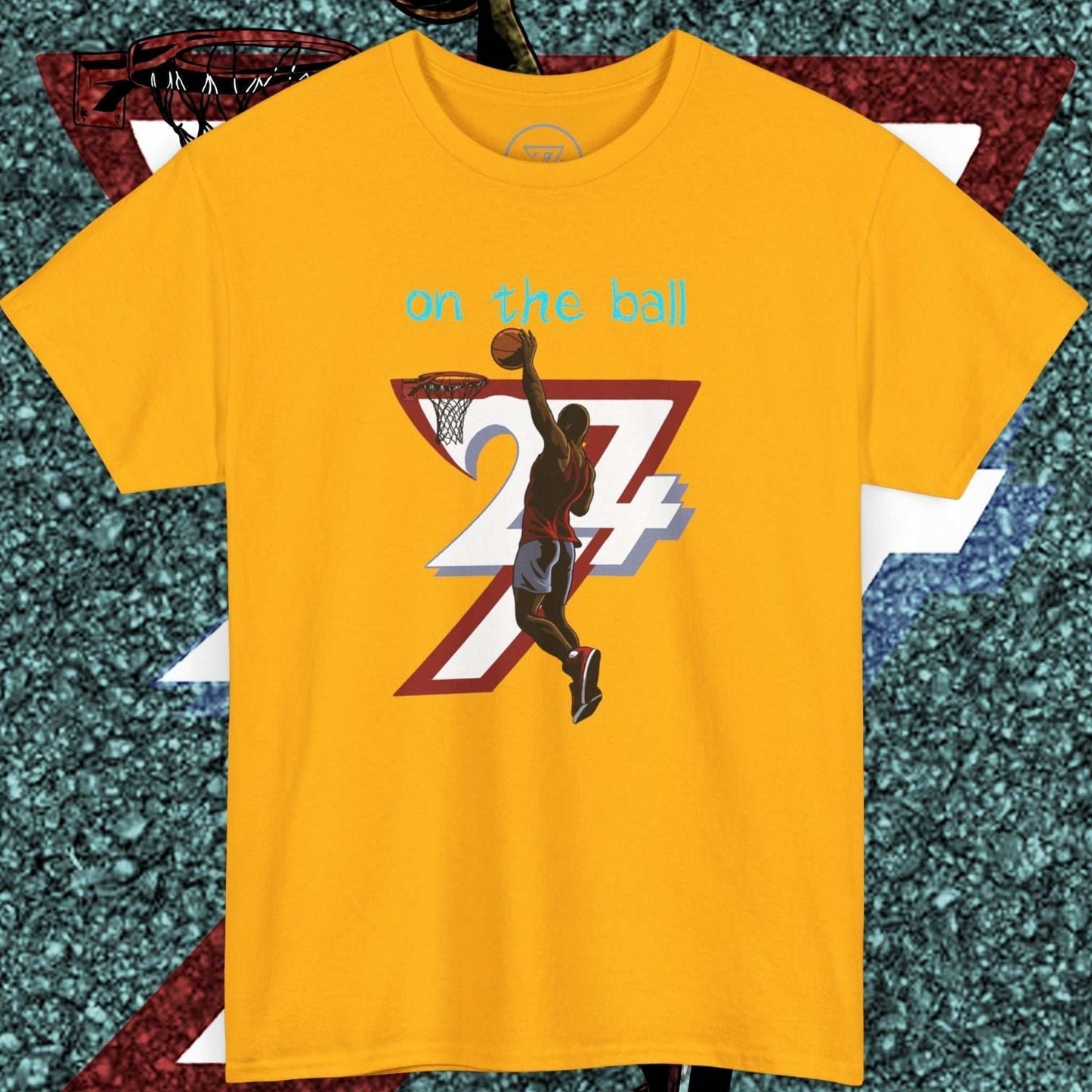 Yellow 90s comic-style basketball tee with hand-drawn player graphic and number 24/7 design