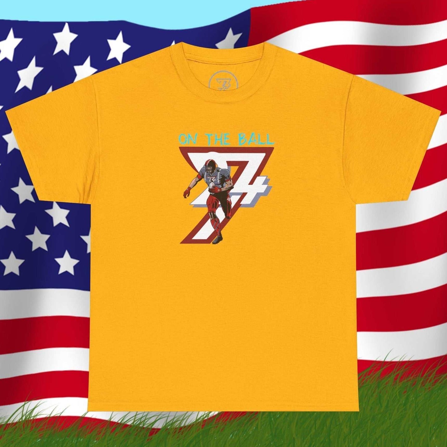 Yellow American Football Tee with hand-drawn comic-style player graphic and "On The Ball" text