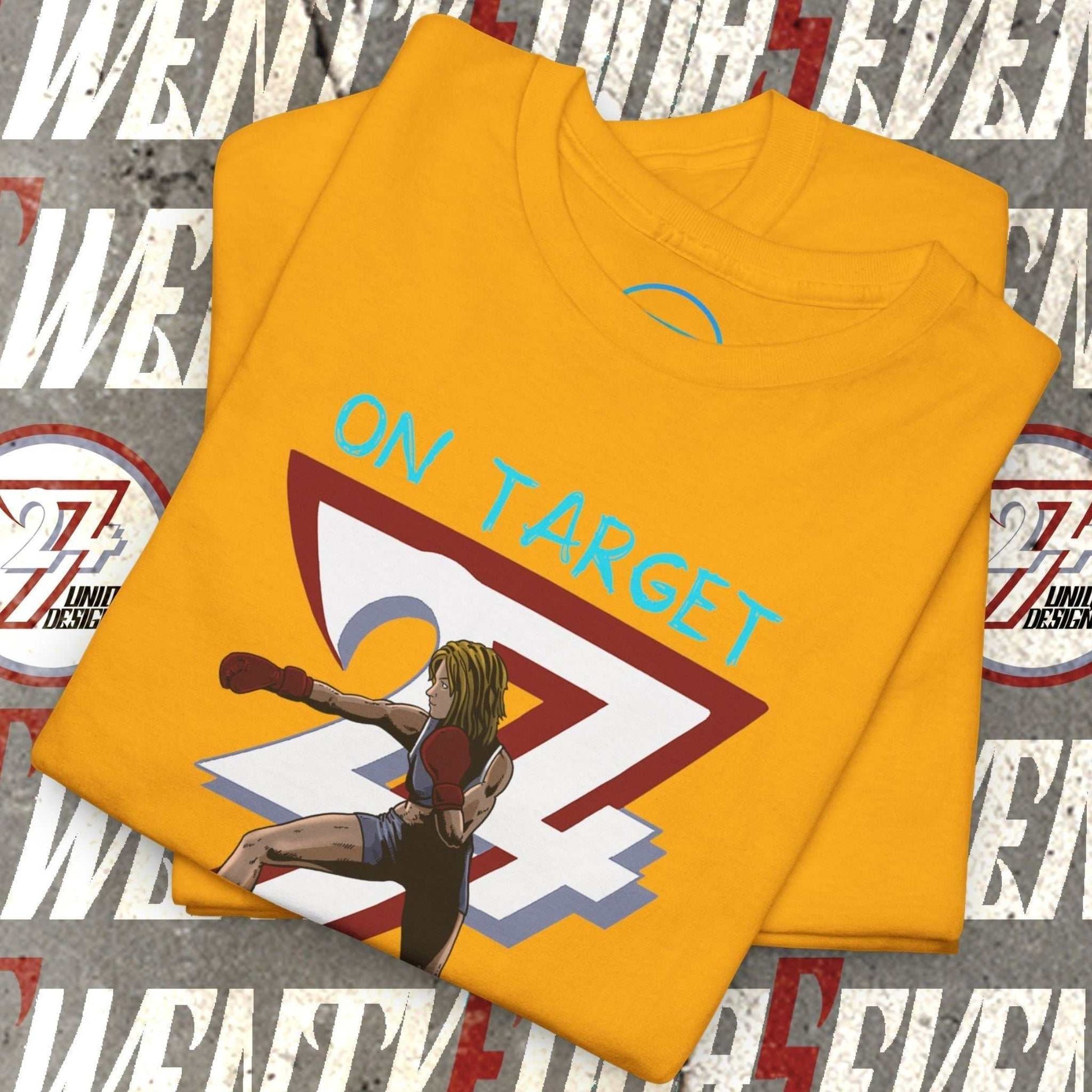 Yellow Boxer Girl T-Shirt featuring hand-drawn female boxer with "On Target" text and bold 24 graphic design