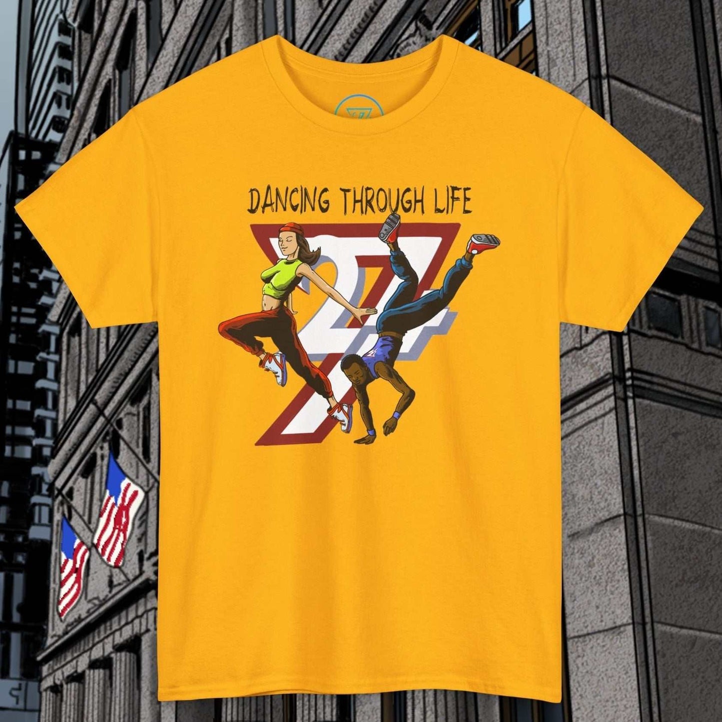 Yellow Street Dance Comic Art T-Shirt with dynamic hip-hop dancers and "Dancing Through Life" text, urban style graphic design