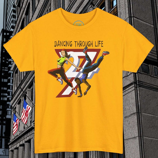 Yellow Street Dance Comic Art T-Shirt with dynamic hip-hop dancers and "Dancing Through Life" text, urban style graphic design