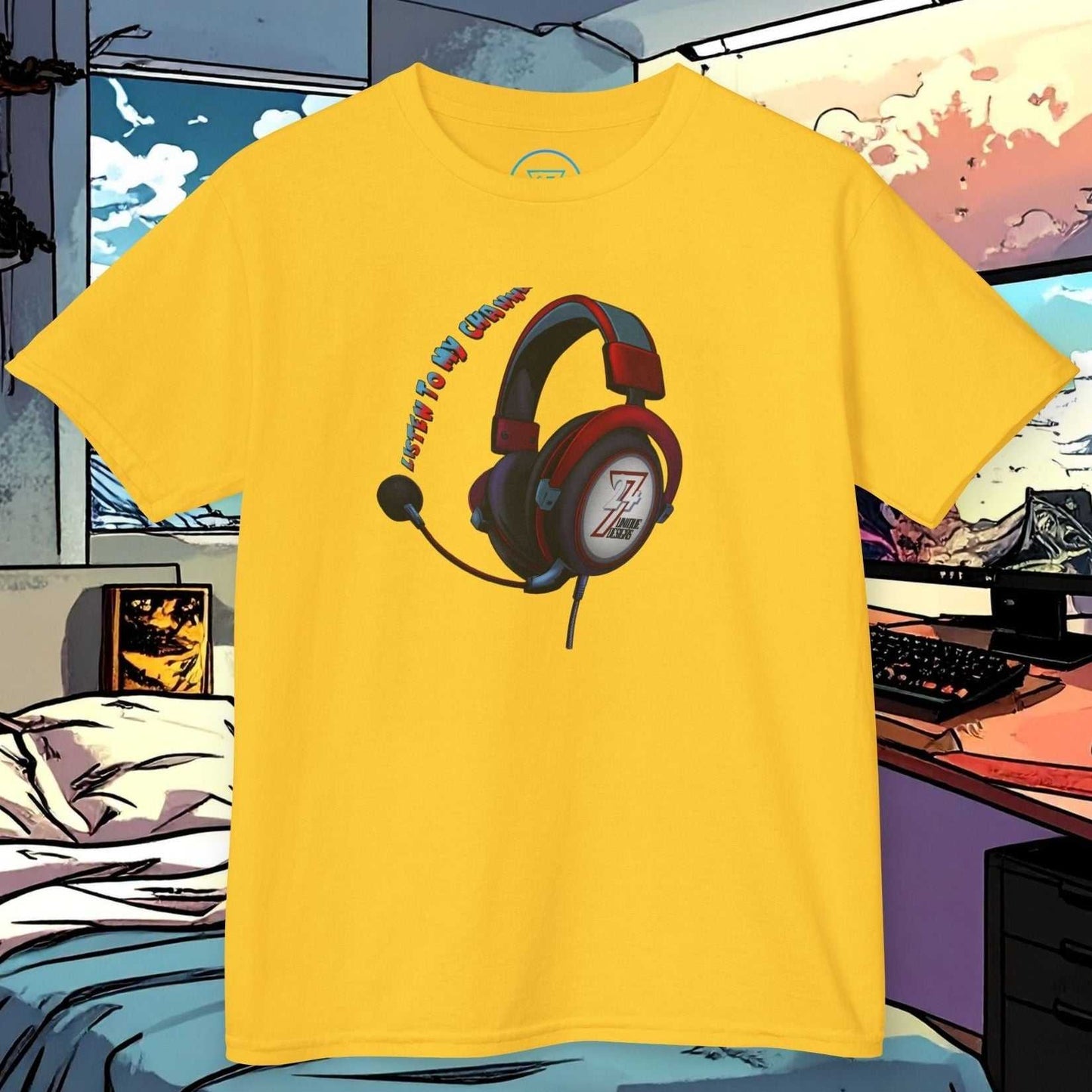 Yellow children's headphones t-shirt with vibrant printed headset design for young YouTubers