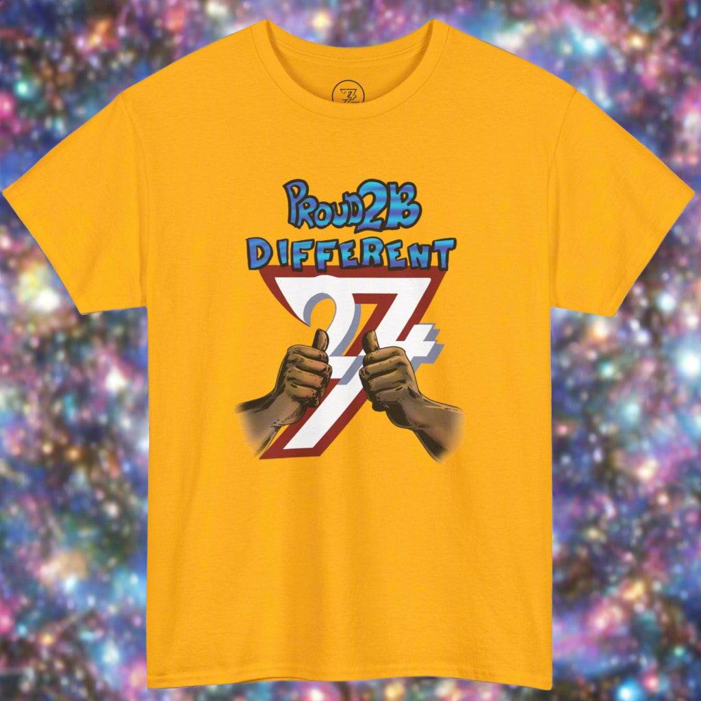 Yellow custom tee with bold "Proud 2B Different" illustration and thumbs up design