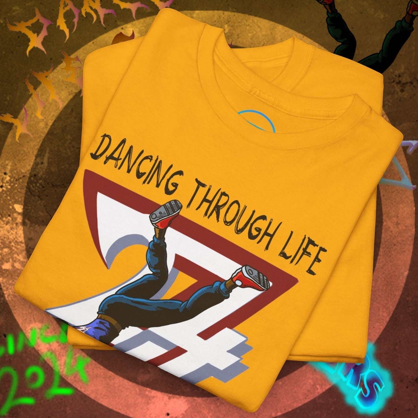 Yellow dance tee with urban hip-hop graphic and "Dancing Through Life" text, lightweight cotton streetwear shirt