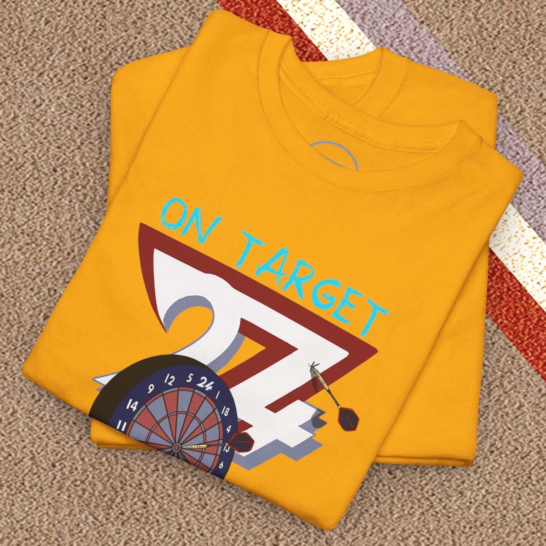 Yellow darts t-shirt with hand-drawn dartboard and player design, "On Target" text, soft 100% cotton fabric, casual crew-neck style.