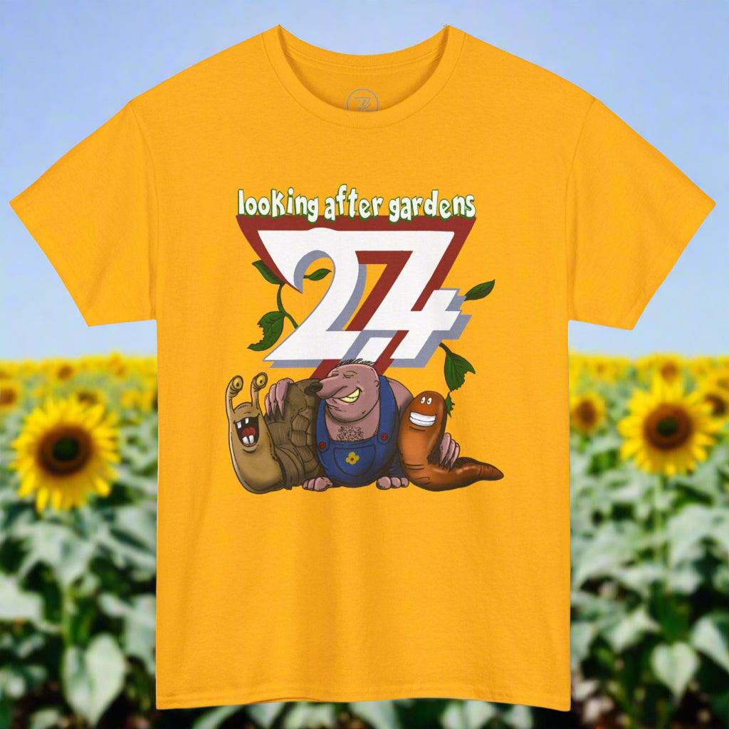 Yellow fun t-shirt with Gardening Squad cartoon of a slug, mole, and snail and "looking after gardens 24/7" text design