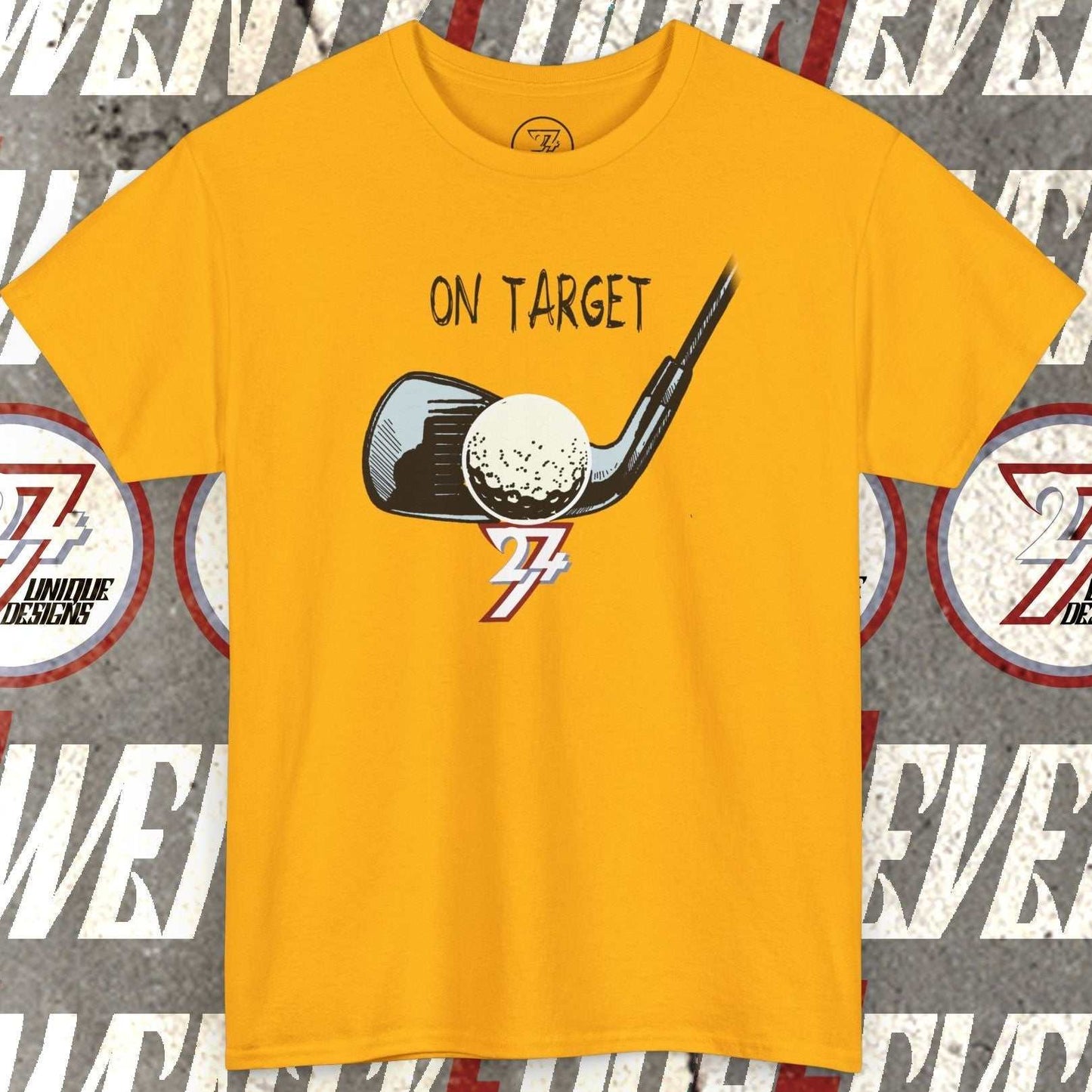 Yellow golf graphic t-shirt with hand-drawn golf club, ball, and "On Target" text design