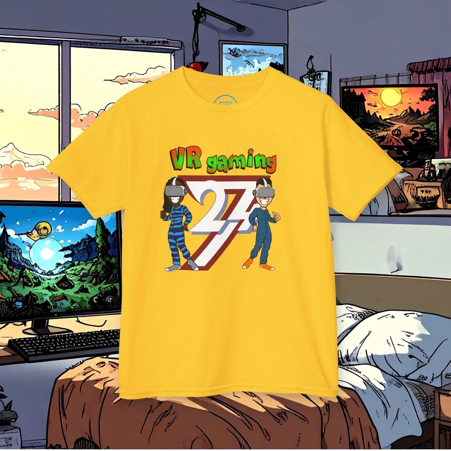 Yellow kids VR gaming tee with colorful cartoon characters wearing VR headsets and "VR gaming" text on front