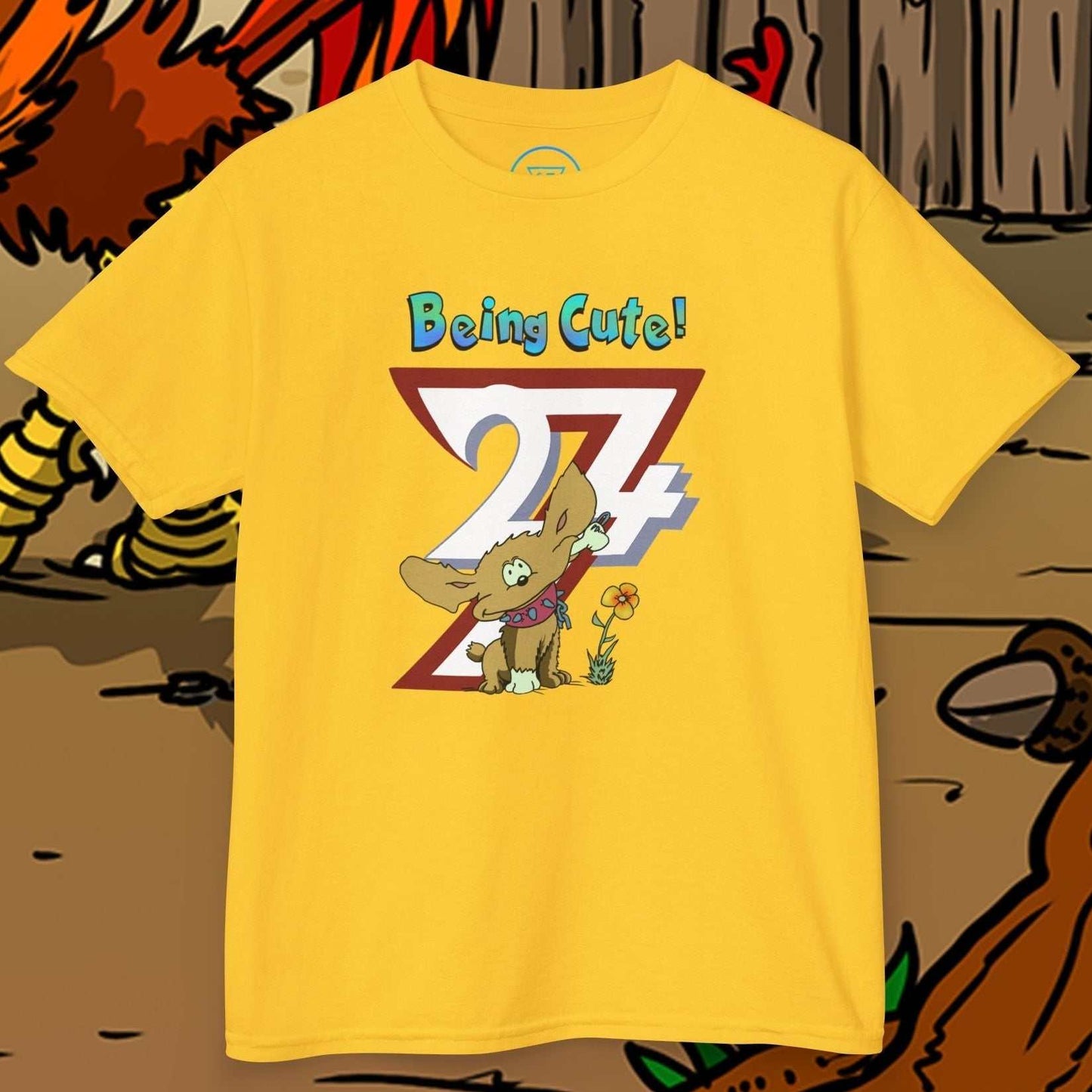 Yellow kids t-shirt with hand-drawn cartoon puppy and "Being Cute!" text design