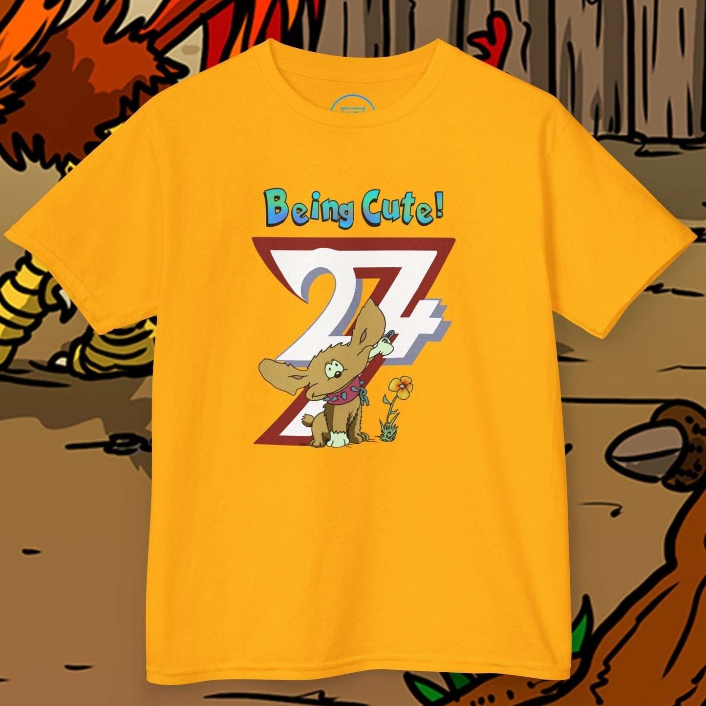 Yellow puppy kids t-shirt with playful hand-drawn cartoon dog and "Being Cute!" text design