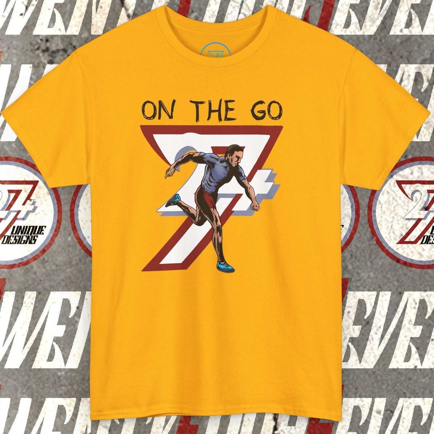 Yellow running sports tee with hand-drawn runner illustration and "On The Go" text design