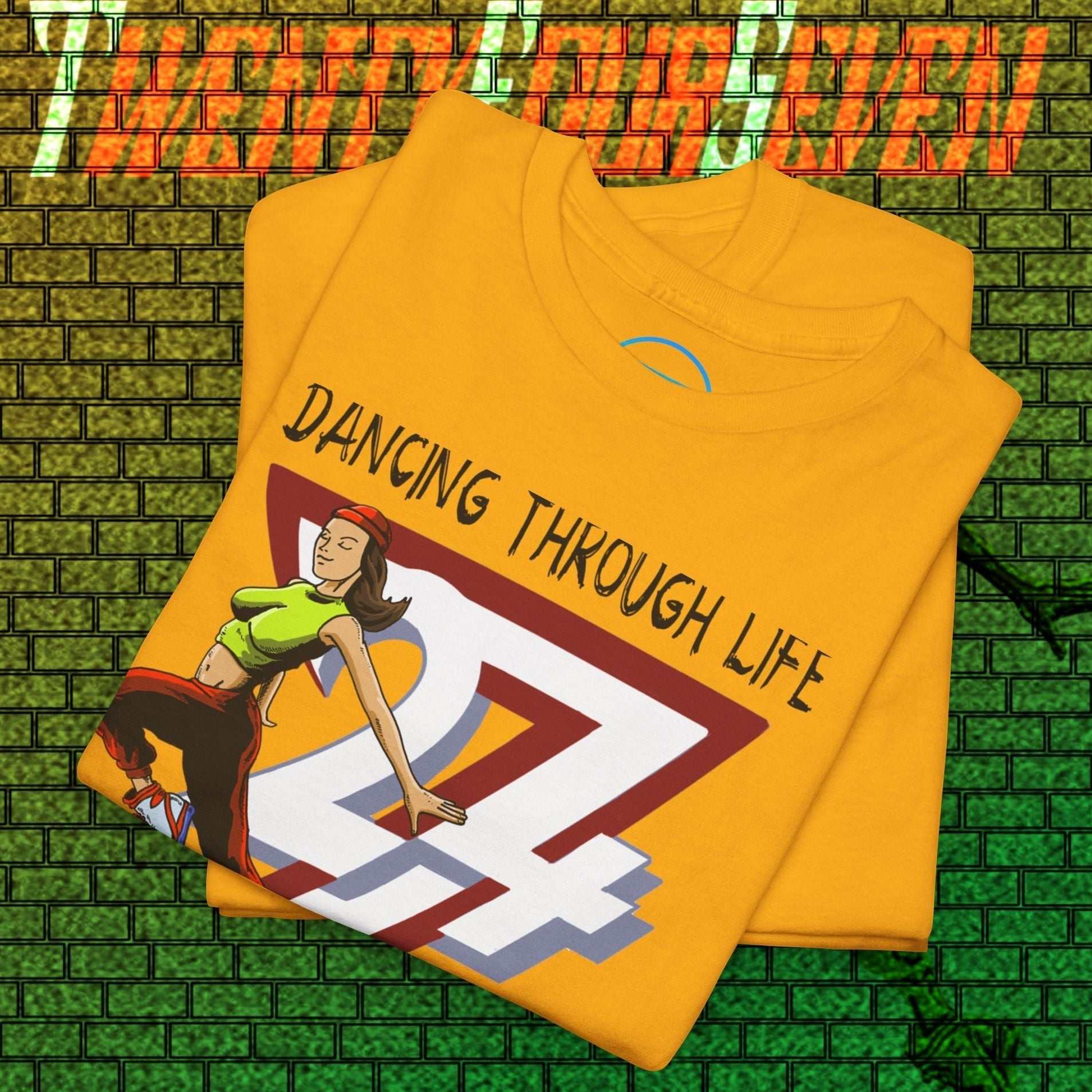Yellow street dance graphic tee with hand-drawn dancer and "Dancing Through Life" text, urban style