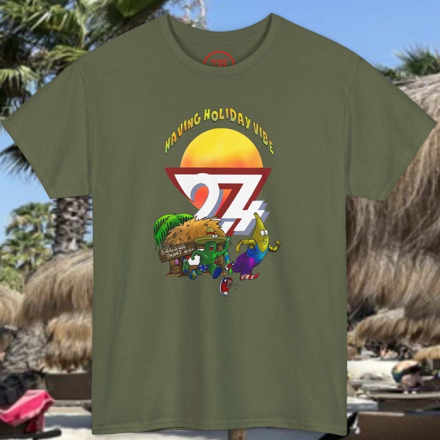 Army Green Adult Tropical Summer T-Shirt - Hand-drawn original character art.