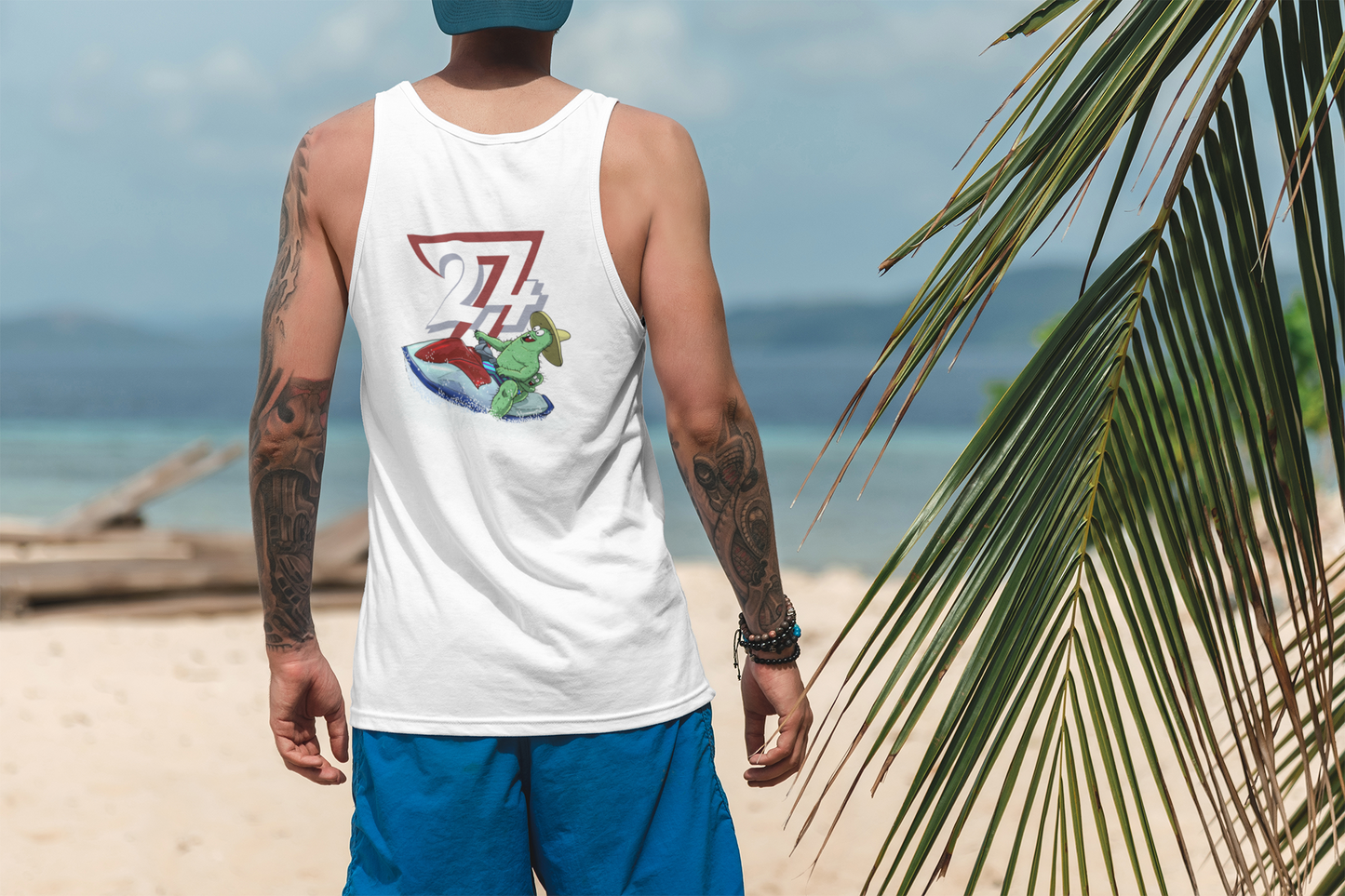 Man wearing the White Beach Tank Top with 90s comic style Jetski adventure.