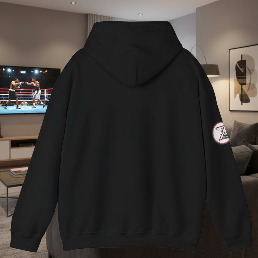 back view of a black boxing hoodie with adjustable drawstring hood and sleeve logo design, made from cotton-polyester blend for sports training and casual wear