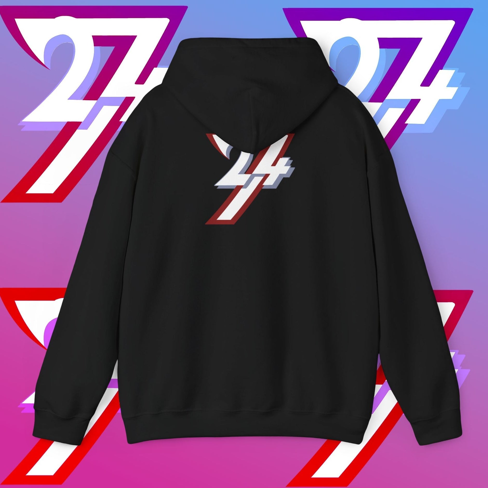 back view of black printed hoodie with twentyfourseven logo and unique typography design