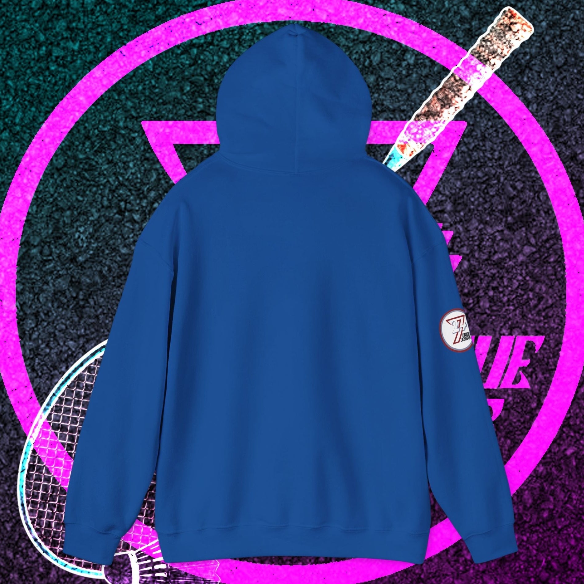 back view of blue badminton hoodie sweatshirt with adjustable drawstring hood and kangaroo pouch pocket, outdoor sportswear gift