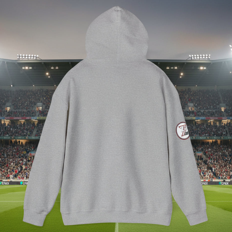 back view of grey rugby hoodie sweatshirt with hand-drawn design on sleeve and hood