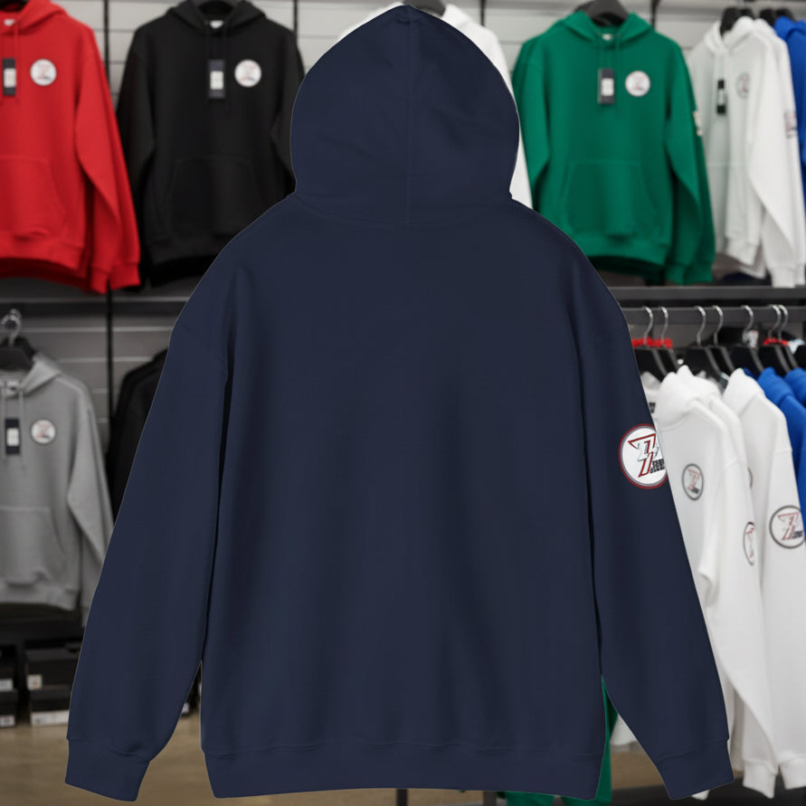 back view of navy blue golf hoodie with hand-drawn golf design, adjustable hood, and kangaroo pocket, made from cotton-polyester blend