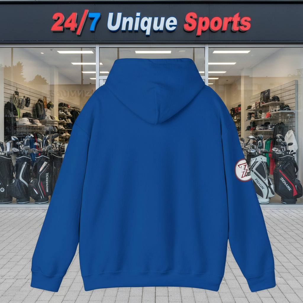 back view of royal blue golf hoodie with hood and long sleeves, back view, hand-drawn golf design on sleeve, casual golf sweatshirt
