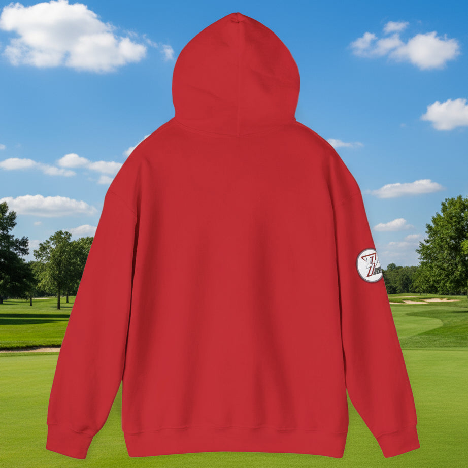 back view red golf hoodie with hand-drawn golf design and adjustable hood by 24/7 Unique Designs