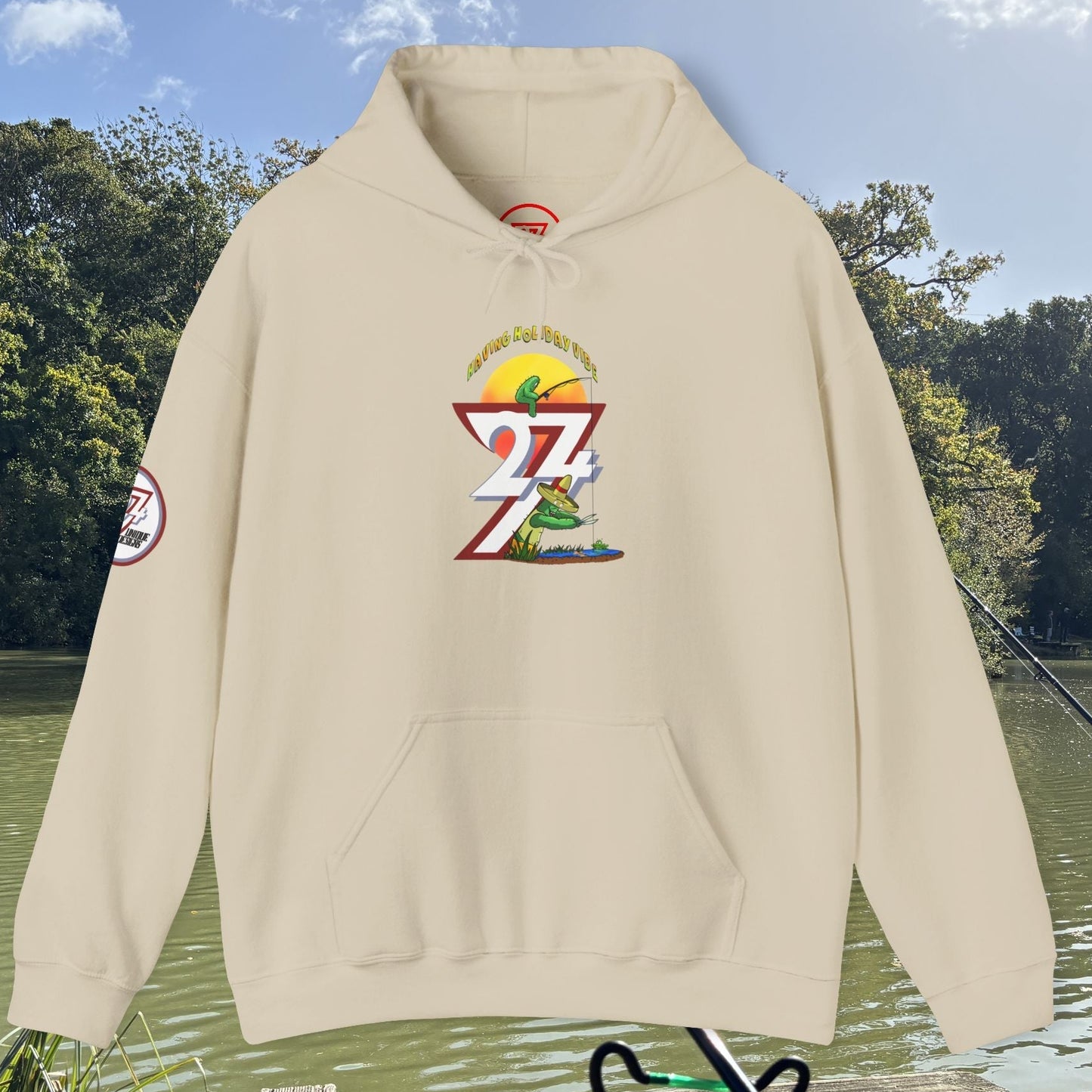 beige Funny Fishing Hoodie with cactus and fishing design, summer holiday jumper, outdoor fishing theme