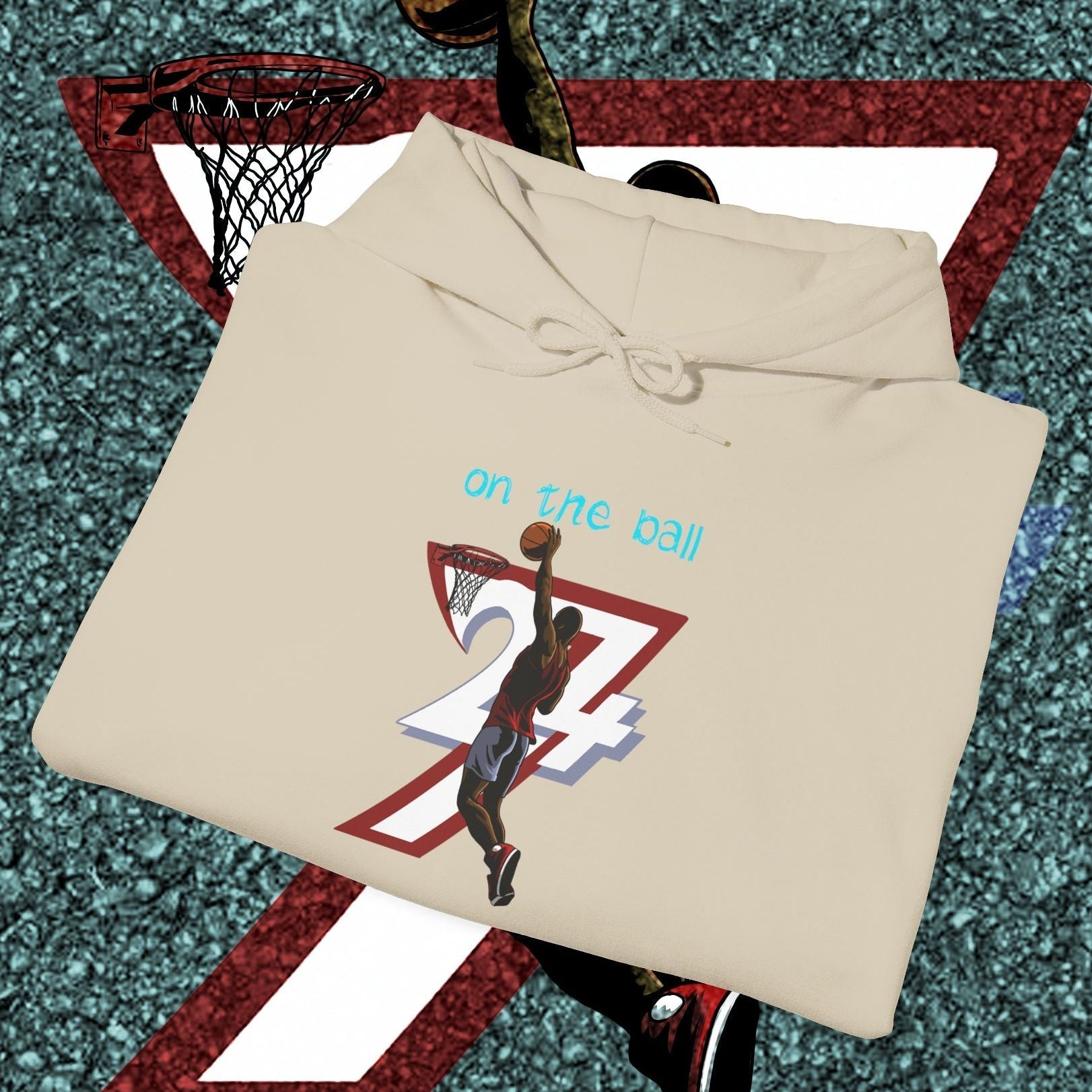 beige basketball hoodie with unique hand-drawn basketball player and number 7 design, stylish streetwear for outdoor training