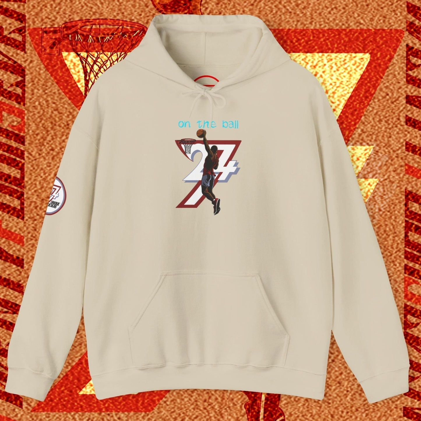 beige basketball hoodie with hand-drawn basketball player design and number 27 on front