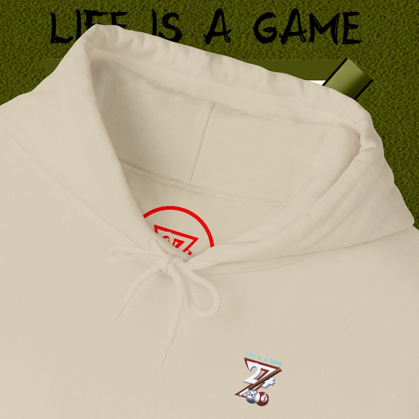beige billiard hoodie by 24/7 Unique Designs with adjustable drawstring hood and kangaroo pocket