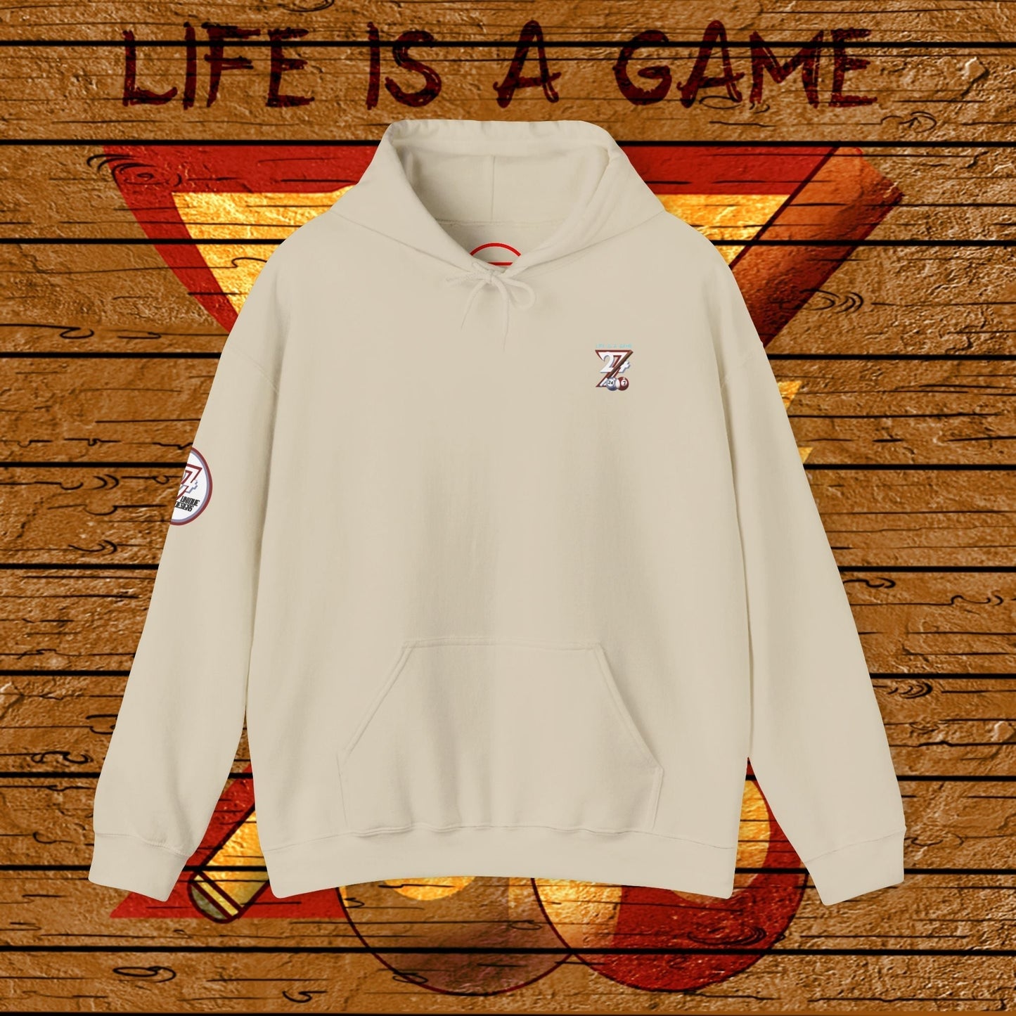 beige billiard hoodie with front kangaroo pocket and subtle 24/7 Unique Designs logo on chest and sleeve, cozy pool-themed sweatshirt
