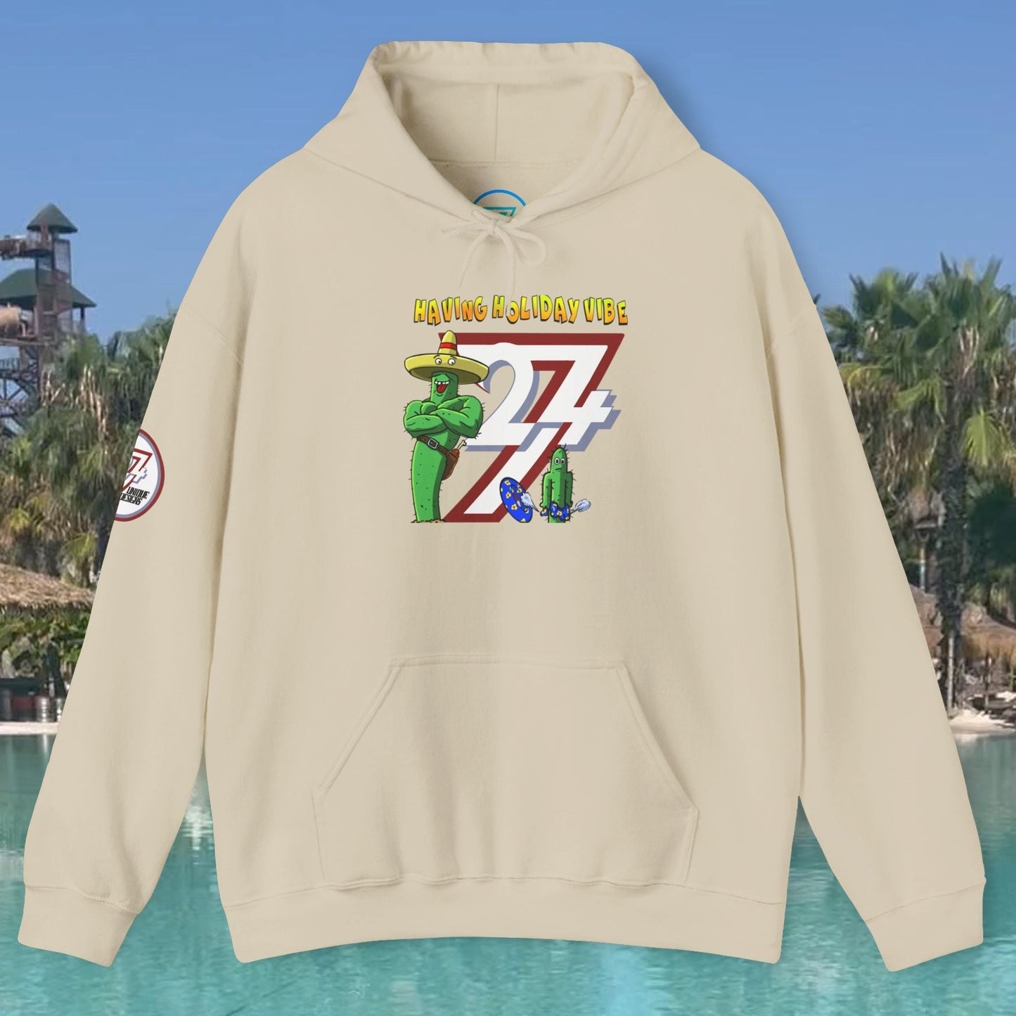 beige cactus hoodie with cartoon design and holiday vibe text, adjustable hood and kangaroo pocket