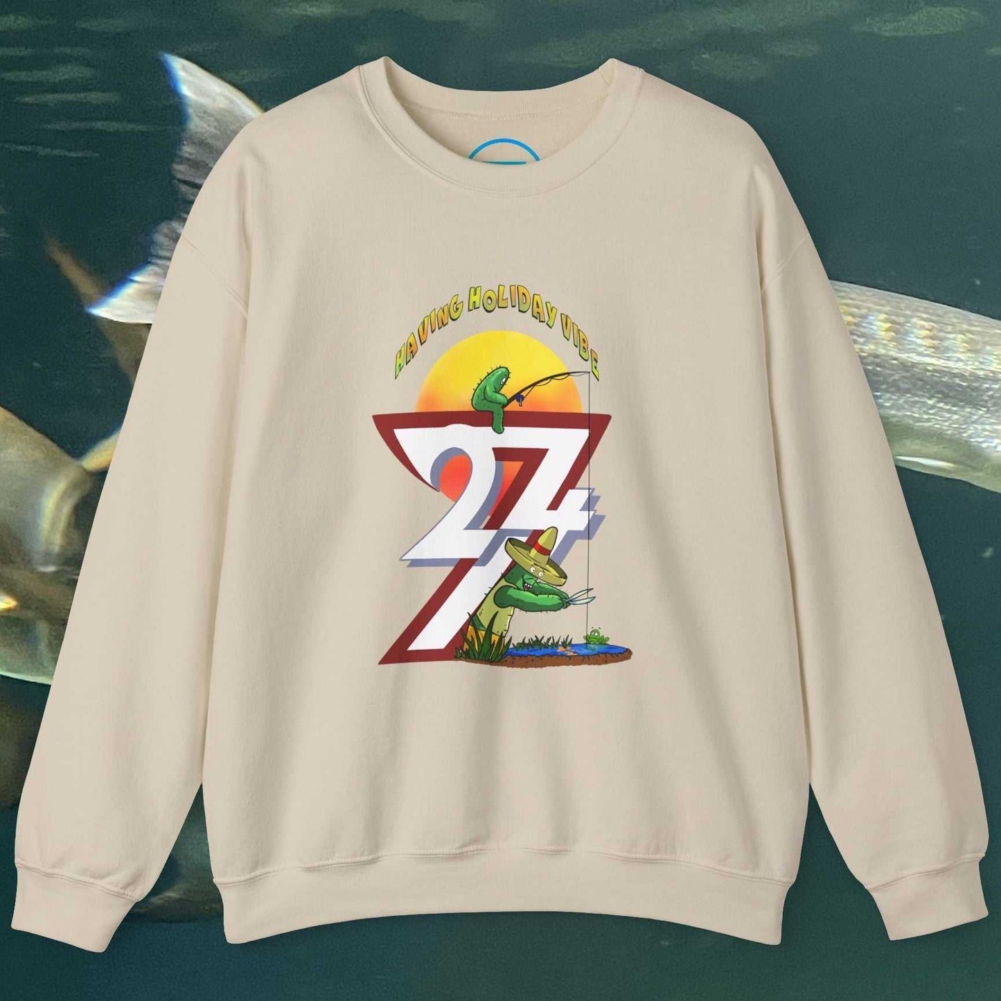 beige fishing cactus sweatshirt with colorful cartoon cactus holding fishing rod and sun design on front