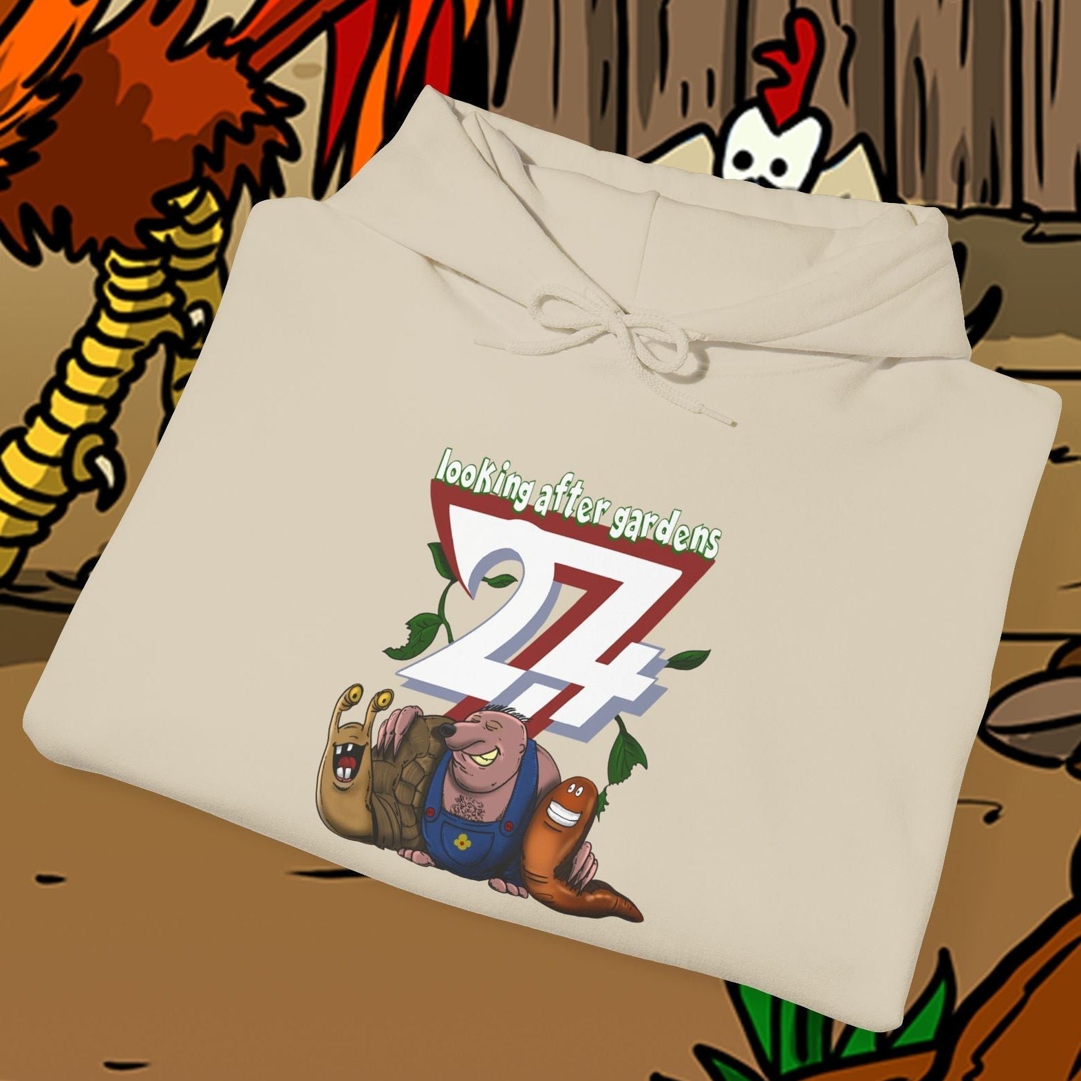 beige gardening hoodie with cute cartoon garden characters slug, snail, and mole design, adjustable drawstring hood, and kangaroo pocket